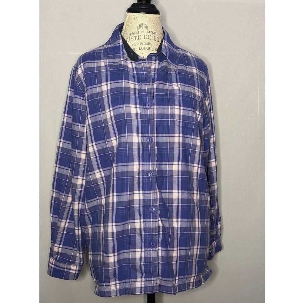 LL Bean Fleece Lined Flannel Shirt Jacket Blue Plaid Large Petite 285016